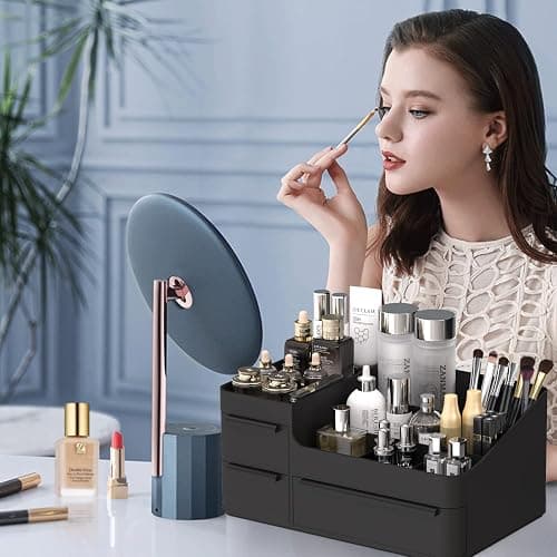 Makeup Organizer for Vanity, Bathroom Countertop Storage Display Boxes Case,Stackable Cosmetic Holder for Jewelry Hair Accessories Beauty Skincare Product Organizing with drawer organizer tray, Black thumbnail 4