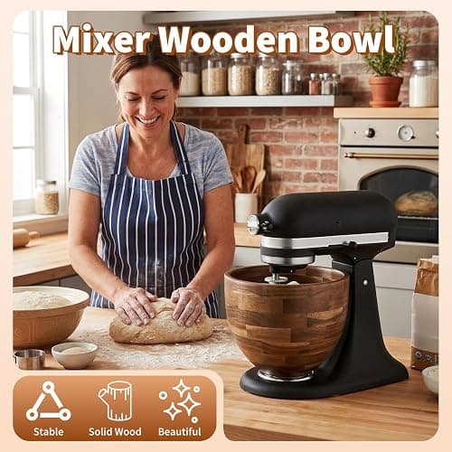 Mixer Wooden Bowl Compatible with Kitchenaid Mixer, Wooden Mixing Bowl for 5QT Tilt Head Stand Mixers, Wood Texture Surface, with Stainless Steel Locking Base, Perfect for Bread, Cake, and Baking thumbnail 2