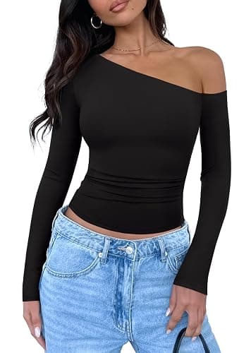 REORIA Womens 2026 Fall Fashion Long Sleeve Shirts Double Lined Casual Slim Fitted Off The Shoulder Tops - Image 1