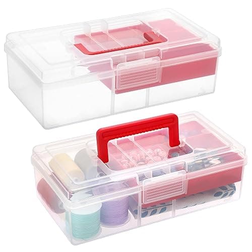BTSKY 2 PCS Clear Plastic Storage Box with Removable Tray Multipurpose Stationery Storage Box with Handle Handy Sewing Box Art Craft Supply Organizer Home Utility Box (Red) - Image 1