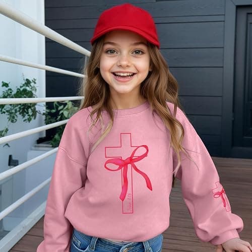 Lubpow Girls Christian Sweatshirt Kids Cute Pink Bow Sweatshirts Teens Aesthetic Cross Graphic Long Sleeve Shirt Pullover Top thumbnail 2