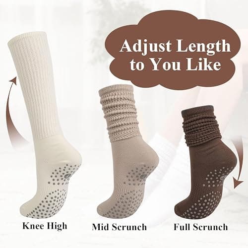Grip Pilates Socks for Women, Yoga Slouch Socks with Grip for Barre Workout Hospital Long Scrunch Slipper Socks thumbnail 3