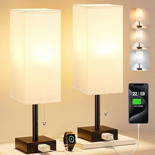 White Bedside Lamps for Bedroom Set of 2 - Small Rectangular Nightstand Lamp with AC Outlet Charging Port, 3 Color Temperatures Desk Light with Bulb, Tabletop Reading Lamp for Living Room/Dorm/Office - Image 1
