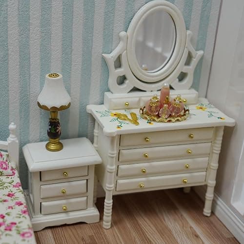 Miniature Bedside 1:12 Furniture Dollhouse Nightstand Bedroom Drawer Cabinet Model Accessories Mini House Scene Building Tabletop Decorations (White) thumbnail 5