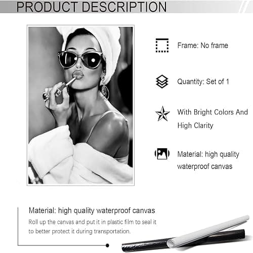 Audrey Hepburn Black & White Canvas Wall Art - Vintage Makeup Lipstick Print, Bathroom Decor, Retro Hollywood Artwork For Living Room & Bedroom Wall Decor 16x24in Unframed thumbnail 2