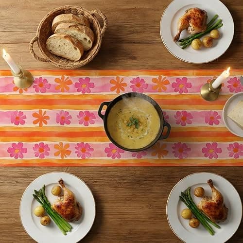 Pink Orange Stripes Floral Table Runner 72 Inches Long Linen Tabel Runner for Kithcen Table Decor Dining Room Decor for Home Kitchen Party Decorations Valentines Day Indoor Outdoor 13X72 Inch thumbnail 4