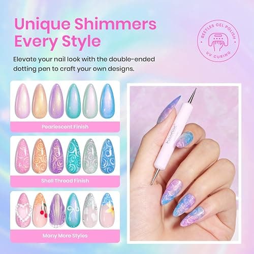 Beetles Pearl Gel Polish, 6 Colors Shimmer Glitter Nail Polish Pink Purple Orange Mermaid Nail Drawing Nail Gel Dreamy Carousel Soak Off Uv Swirl Shell Thread Effect DIY Manicure Gift for Women thumbnail 6