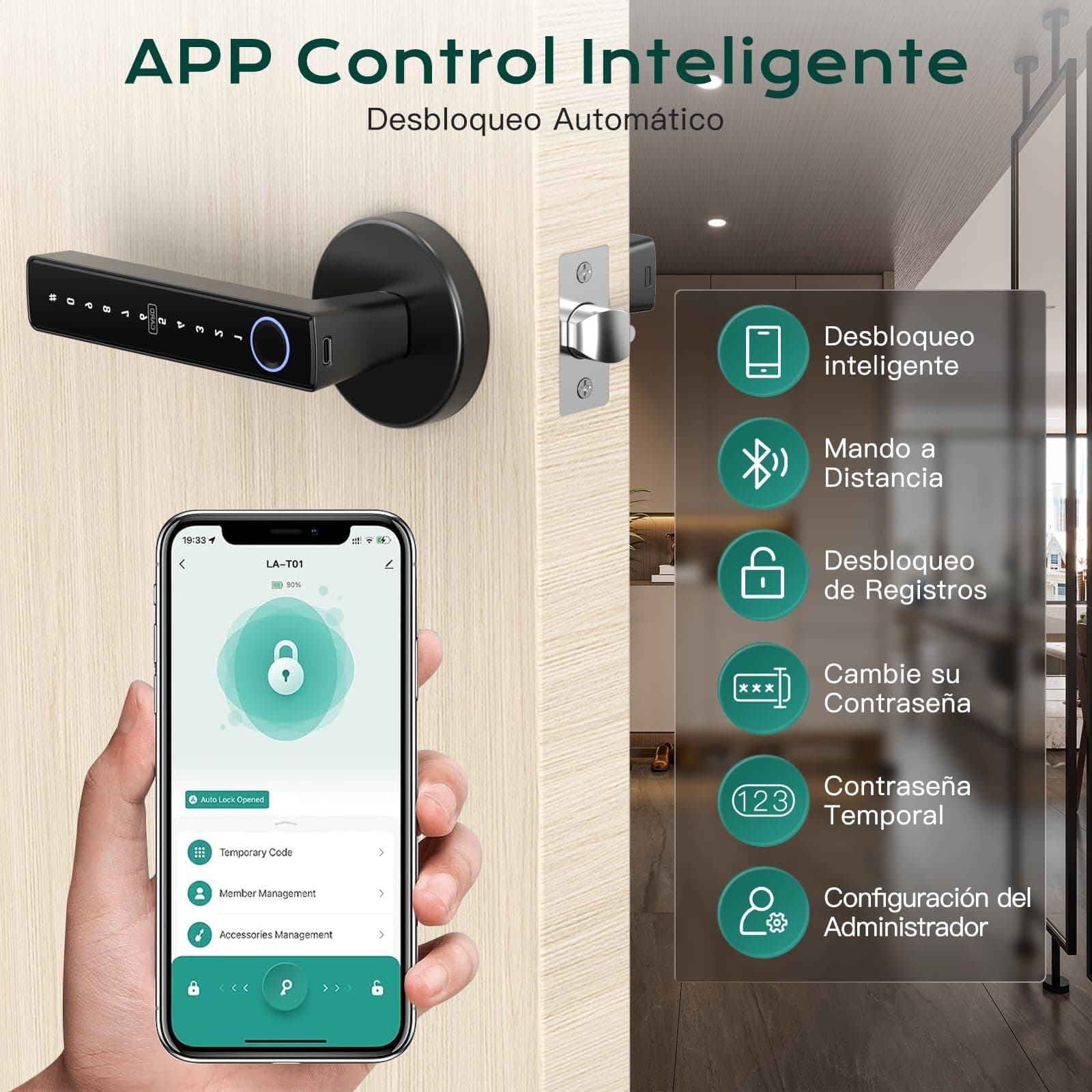 Cerradura Inteligente Electronica 5 en 1, 0.3s Desbloquear, Código de Privacidad, Huella Digital/Tarjeta IC/Contraseña/APP/Llave Mecánica, Fácil de Instalar, para Hogar, Oficina, Hotel thumbnail 2