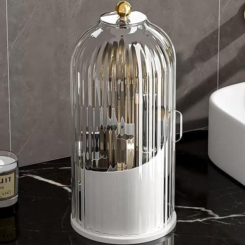 TOOCA BEAR Makeup Brush Holder Organizer 360°Rotating Cosmetic Tools Holder with Lid Sliding Door Dustproof&Waterproof for Vanity Bathroom Bedroom,Transparent thumbnail 5