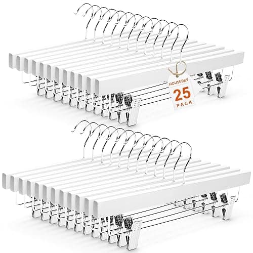 HOUSE DAY Premium Wooden Pants Hangers 25 Pack, Solid Lotus Wood Skirt Hangers with 2-Adjustable Clips, Heavy Duty & Anti Slip Wood Bottom Hanger for Slacks, Jeans, Trousers, Shorts (White) - Pack of 25 - White - Image 1