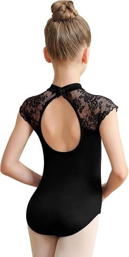 Tegmk Girls Turtleneck Dance Leotard for Ballet, Lace Neckline, Full Front Lining, Hollow Back - Image 1