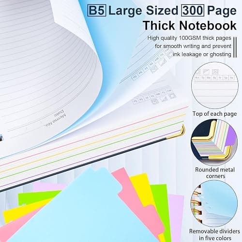 Hardcover Spiral Notebook 8"x10" Journal Notebook with Tabs and Removable Dividers 300 Pages 5 Subject Notebook College Ruled, Faux Leather Spiral Bound Notebook for Women School Work (Dark Blue) thumbnail 5