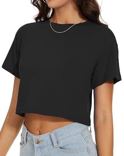 Womens Summer Crop Tops Short Sleeve Round Neck T-Shirts Loose Fit Casual Blouse thumbnail 7
