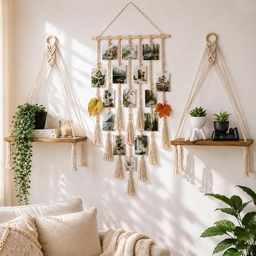 EASLIV Boho Wall Decor Set of 6, Aesthetic Room Shelf Wall Decor Indoor | 2 Pack Hanging Shelves + Hanging Photo Display with 10 Clips + 1Pcs Fake Hanging Eucalyptus + 2Pcs Fake Succulents Plants - Image 1