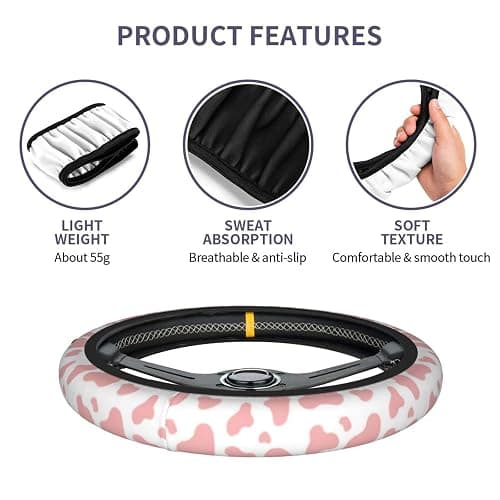 Pink Cow Print Steering Wheel Cover for Women Men with 2 Pcs Car Coasters, Universal 14.5-15 Inch Rainbow Steering Wheel Covers Non-Slip Car Accessories for Girls thumbnail 5