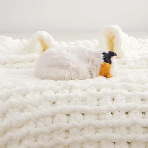 Mooreeke Chunky Knit Blanket 40"x50" White Cream Soft Washable Chenille Throw Blanket Cozy 100% Handmade Crochet Blankets with Jumbo Chenille Yarn for Couch Bed Sofa Room Decor thumbnail 6