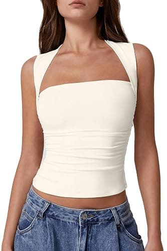 QINSEN Womens Square Neck Tank Tops Side Ruched Double Lined Slim Fit Summer Going Out Crop Top - Image 1