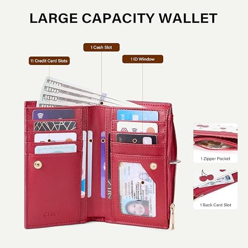 CLUCI Wallet for Women PU Leather RFID Wallet Blocking Designer Bifold Ladies Wallet Card Holder Cherry Print thumbnail 3