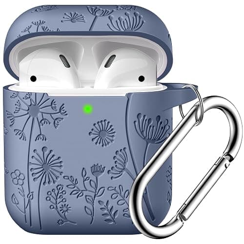 Lerobo Flower Engraved Case for AirPods Case Cover, Stylish Soft Silicone Protector with Keychain, Compatible with Apple AirPods 1st/2nd Generation Charging Case, Front LED Visible, Blue Gray - Image 1