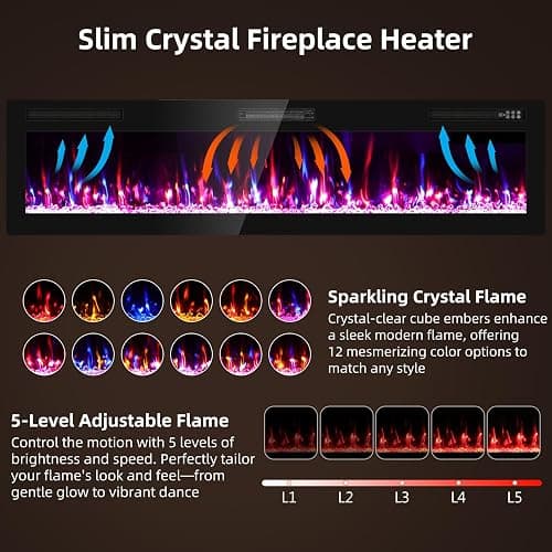 Zionheat 72 inch Wide Screen Electric Fireplace-Wall Fireplace for Living Room-Fireplace Inserts/Wall Mounted with Remote Control, Timer, Dimmer, 12 Flame Colors, 750/1500W thumbnail 4