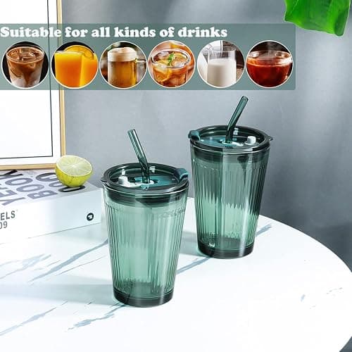 Joeyan Glass Tumbler with Straw and Lid,Green Glasses Water Cup with Straw,Colored Glass Drinking Jars for Juice Beverages Iced Coffee Tea Smoothie Soda Milk,15 oz,Set of 2,Dishwasher Safe thumbnail 7