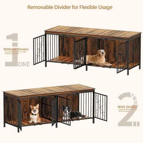 COZPAW 71" Double Dog Crate with Elevated Legs, Brown | Extra-large kennel for 2 dogs, 5,5" raised legs for robot vacuum access, Heavy-duty steel & wood, Modern TV stand thumbnail 4