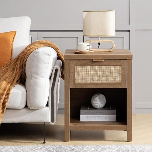 SICOTAS Rattan Nightstands Set of 2 - Farmhouse Night Stand with Drawer and Storage Shelf - Boho Bedside Table End Side Table for Bedroom, Oak thumbnail 2