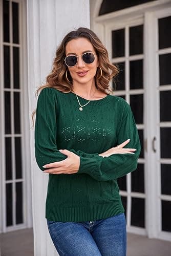 GRACE KARIN Women's Long Lantern Sleeve Crew Neck Crochet Top Hollow Out Fall Pullover Sweater thumbnail 3