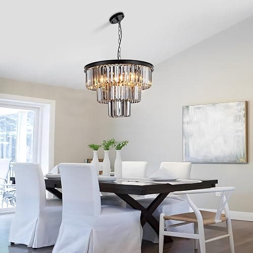 HCCZ 8 Light Black Crystal Chandelier 20'' Luxury Smoke Modern Dining Room Light Fixture 3-Tier Round Hanging Pendant Ceiling Lighting for Entryway Foyer Living Room Adjustable Height E12 thumbnail 2