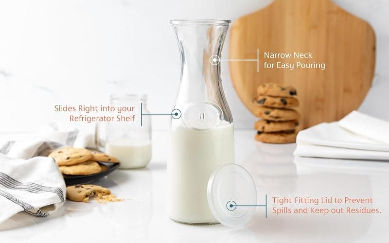 Kook Glass Carafe, Mimosa Bar Supplies, Carafe Pitchers with Lid, Glass Water Pitcher, Drink Dispensers for Parties, Tea, Wine, and Juice, Plastic Lids, Dishwasher Safe, 35 oz (set of 4) thumbnail 4