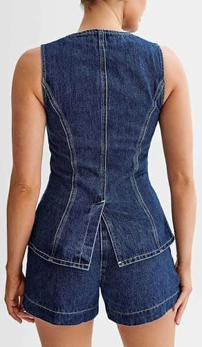 colarat Women's Denim 2 Piece Set Casual Business Sleeveless Jean Blazer Vest Tops and Shorts Outfit Tracksuits thumbnail 6