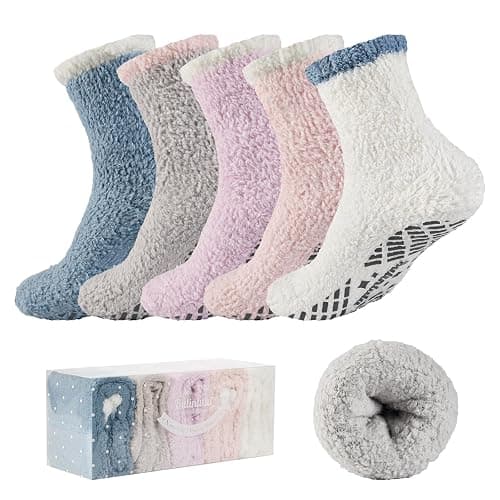 Bulinlulu Fuzzy Socks With Grips for Women 5-Pairs Non Slip Sleep Warm Fluffy Slipper Socks Mother's Day Gifts for women - Image 1