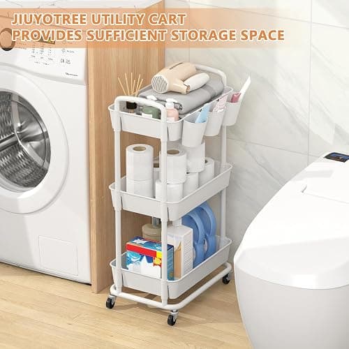 JIUYOTREE 3-Tier Plastic Rolling Storage Cart Utility Cart with Extra Hanging Cups Handles Lockable Wheels for Living Room Bathroom Kitchen Office White thumbnail 5