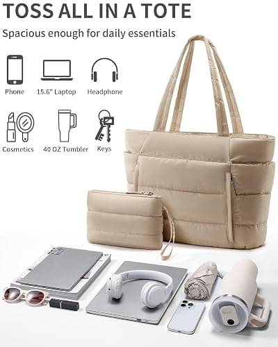Bagstellar Puffer Tote Bag for Women, Lightweight Puffy Work Handbag Teacher Nurse Quilted Shoulder Bag for School Travel Gym | Cloud Bag w/ Zipper, Daily College Bags, 15.6" Computer Bag, Clinical Nursing Bag, 40 OZ Tumbler Holder, Ideal Gift for Women thumbnail 7