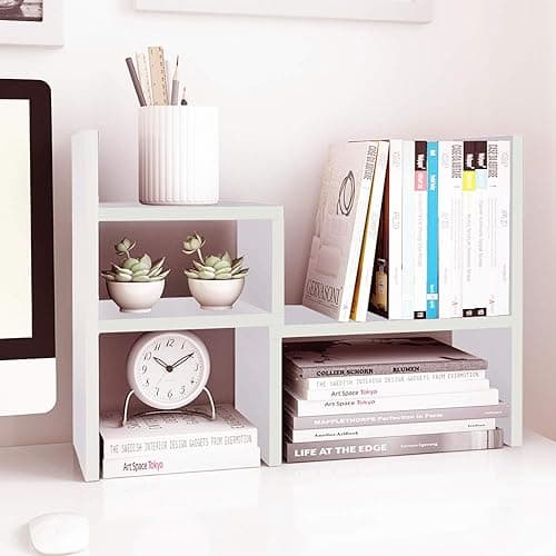 Jerry & Maggie - Desktop Organizer Office Storage Rack Adjustable Wood Display Shelf | Birthday Gifts - Toy - Home Decor | - Free Style Rotation Display - True Natural Stand Shelf (White) - White - Image 1