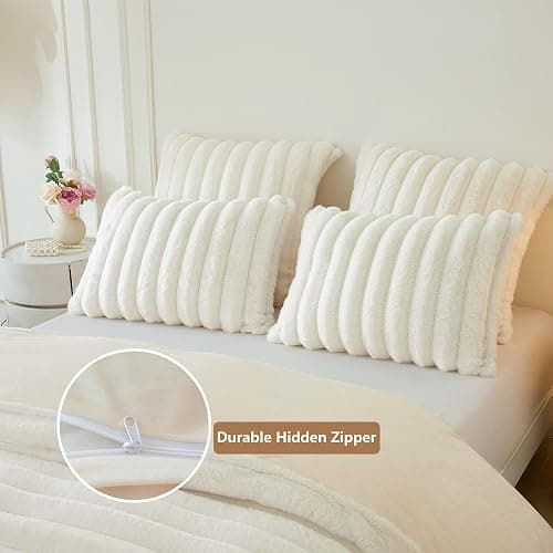 MEGO Pack of 2 Fluffy Faux Rabbit Fur Pillowcases, Ivory Striped Plush Fuzzy Bed Pillow Cases with Zipper, Farmhouse Shaggy Furry Ribbed Long Pillow Covers for Kids Teens Adults 20x26, Standard, Beige thumbnail 5
