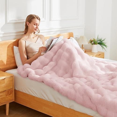 Latepis Faux Fur Twin Blanket Plush Light Pink 60x80 Inch Cute Fluffy Warm Bubble Blankets for Couch Bedroom Soft Blankets for All Seasons Cozy Blanket for Woman Gift, 860gsm thumbnail 5