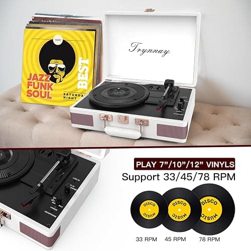 Trynnay Tourne-Disque Portable Bluetooth à 3 Vitesses avec Haut-parleurs intégrés, Tourne-Disque, Son Audio amélioré, Cuir ciré, Blanc thumbnail 2
