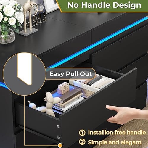 DICTAC Modern 6 Drawer Dresser with Sliding Desktop, Wide Chest of Drawers with Charging Station & LED Lights, Large Storage Tower Clothes Organizer, Black Dresser for Bedroom thumbnail 7
