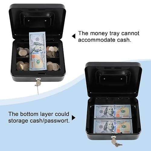 KYODOLED Medium Cash Box with Removable Money Tray, Key Lock Metal Storage Box with 2 Keys & Portable Handle, Safe Cash Drawer, 7.87"x 6.30"x 3.54", Black thumbnail 5