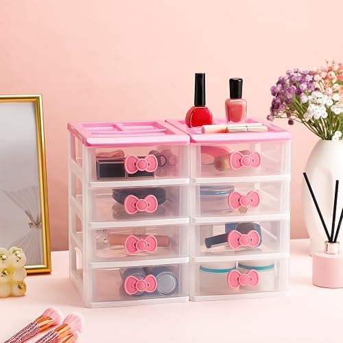 Tatuo Lovely Receiving Storage Cabinets Kawaii Makeup Organizer with 4 Layers Cute Storage Cabinet Box with Bow Handle Plastic Desktop Storage Box for Home Bedroom Bathroom Women Gifts(Clear) thumbnail 2