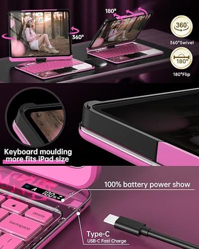 Auupgo Transparent Keyboard Case with Trackpad for iPad 11th Gen A16 (2025) & 10th Gen 10.9" (2022), 7-Color Backlit Wireless Bluetooth Keyboard with 360 Rotating Stand & Pencil Holder, Pink thumbnail 8