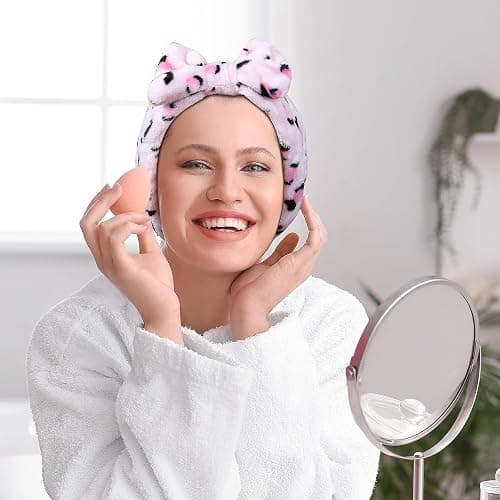 Miroksh Pink Leopard Print Plush Wash Face Headband Bowknot Cheetah Spa Hair Band Wrist Cuffs Women Girls Facial Makeup Skincare Bath Head Wrap Lady Costume Party Supply Xmas Gift thumbnail 4