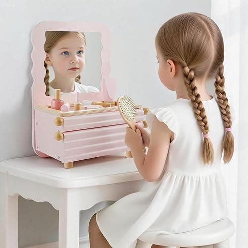 PIIKAGO Wooden Kids Vanity Set with Acrylic Display Case, Pretend Play Toddler Makeup Vanity for Girls, Beauty Salon Set with Makeup Accessories, Little Girls Gift Age 3+ (Pink) thumbnail 7