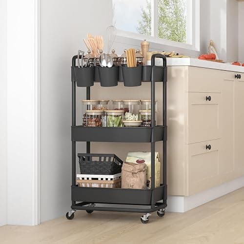 JIUYOTREE 3-Tier Plastic Rolling Storage Cart Utility Cart with Extra Hanging Cups Handles Lockable Wheels for Living Room Bathroom Kitchen Office Black thumbnail 6