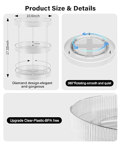 3 Tier Lazy Susan Bathroom Countertop Organizer, 360° Clear Rotating Makeup Cosmetic Perfume Storage Tray, Spinning Vanity Organizer Shelf for Bathroom Cabinet, Dresser, Kitchen(Large) thumbnail 3