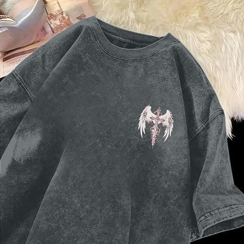 Lytiarul Vintage Goth Punk Shirts for Men Grunge Streetwear Oversized Tshirts Gothic Cross Y2k Graphic Tees Acid Wash T Shirt thumbnail 5