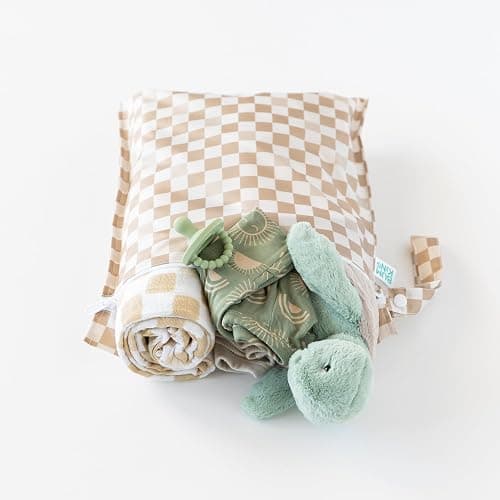 Bumkins Waterproof Wet Bag and Packing Pouches, TSA Airline Compliant, Pack for Baby, Travel, Swim Suit, Cloth Diapers, Pump Parts, Pool, Gym Clothes, Toiletry, Daycare, Zip Bag, 4-pc Set Beige Check - A3 Beige Check thumbnail 4