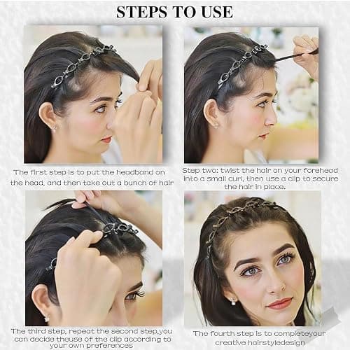 JASSINS Headband with Clips,2Pcs Braided Bang Headband with Teeth for Women | ABS Resin Hollow Woven Headband,Toothed Headband Braid Tool,8 built-in hairpins,For fits straight & curly hair(Black Brown) thumbnail 4