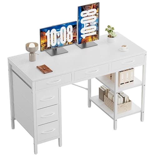 Sweetcrispy 47" Computer Desk with 6 Fabric Drawers & Storage Shelves | Reversible Gaming Desk, Office Desk, Computer Workstation, Corner Desk with Storag, Home Office, Living Room, White - Image 1